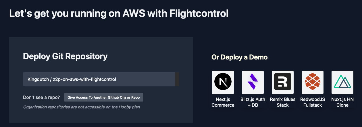 The Flightcontrol screen after connecting the GitHub application says "Let's get you running on AWS with Flightcontrol". It allows choosing a repository on GitHub or offers to depoy a demo for Next.js, Blitz.js, Remix, RedwoodJS, or Nuxt.js.