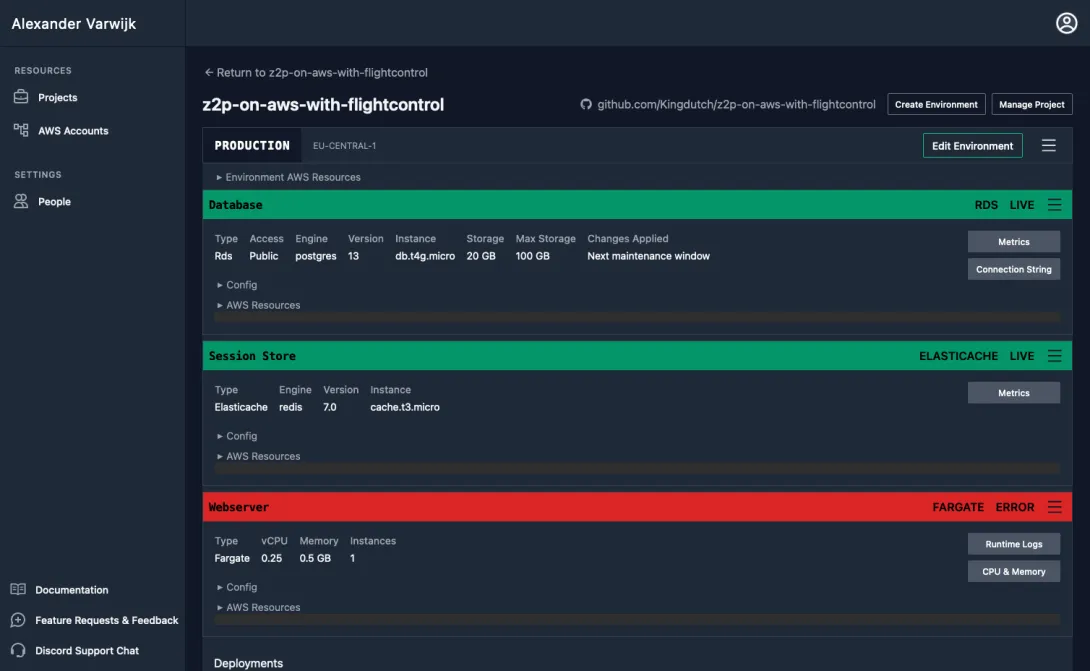 The Flightcontrol dashboard showing that the datbase and session store successfully provisioned in green. However, the webserver application shows "Error" in red.