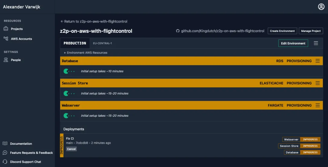 The Flightcontrol dashboard showing the initial build with the database, session store, and webserver in a provisioning status.