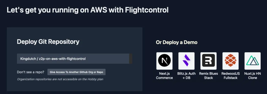 A screenshot of the Flightcontrol interface with the text "Let's get you running on AWS with Flightcontrol" prompting you to "Deploy a git repository or deploy a demo"