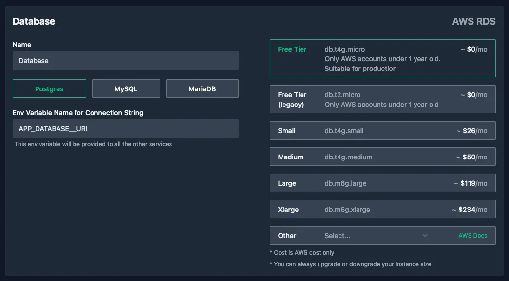 The database configuration screen allowing to choose from Postgres, MySQL, and MariaDB. Postgres is selected. A database size can be chosen with Free tier being selected and options up to Xlarge.
