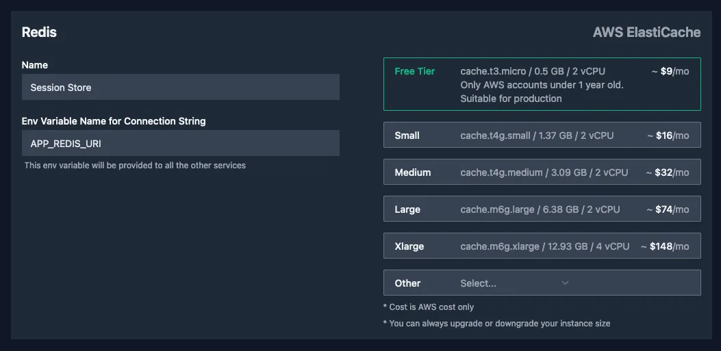 The redis configuration screen. Allowing to enter a name and allowing selection of a plan from Free tier up to Xlarge.