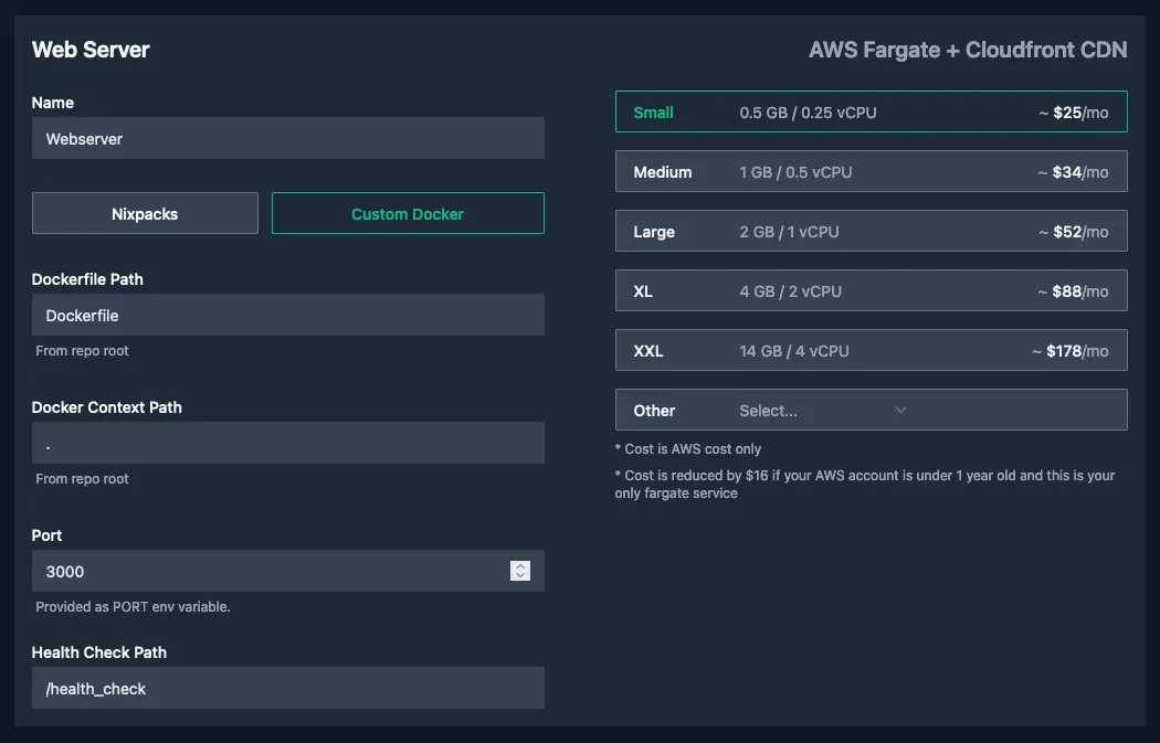 The Web Server configuration screen allowing you to provide a name, choose between Nixpacks and Docker (Docker selected), and allowing to choose a plan size from Small to XXL.